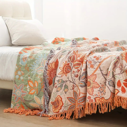 FieldFade Bohemian Tassel Throw – Breathable Woven Blanket with Rustic Floral Pattern