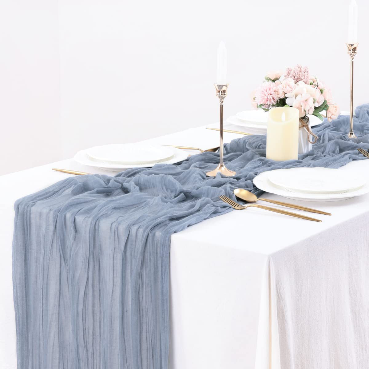 BohemeFold Table Runner – Soft Chambray Voile with Twisted Boho Fringe