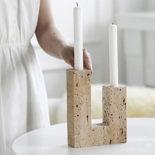 Tōrō Travertine Candle Holder – Dual Sculpted Form