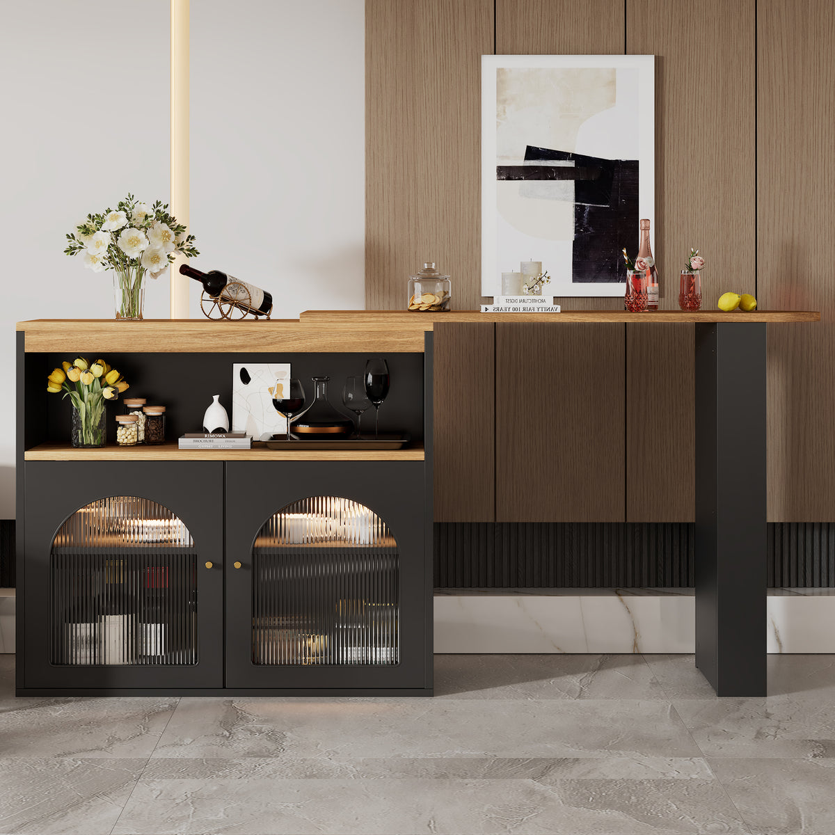 Extendable Kitchen Island Table with Storage and LED Light room setting lifestyle photo in kitchen
