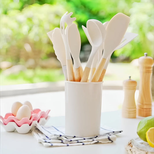 CalmPrep Silicone Utensil Set – 11-Piece Kitchen Tools with Wooden Handles in Soft Neutral Tones