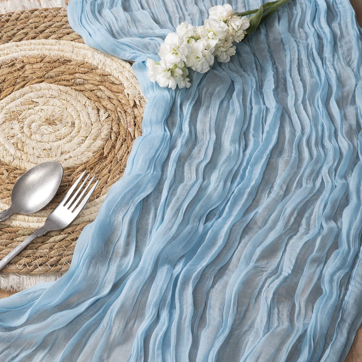 BohemeFold Table Runner – Soft Chambray Voile with Twisted Boho Fringe