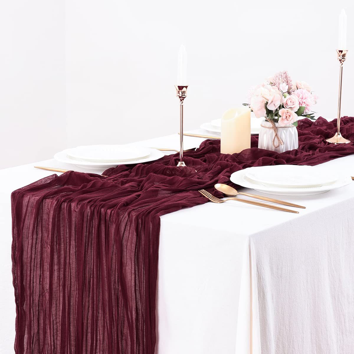 BohemeFold Table Runner – Soft Chambray Voile with Twisted Boho Fringe