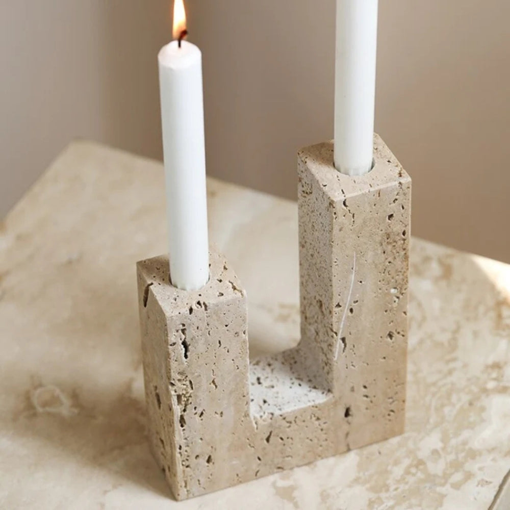 Tōrō Travertine Candle Holder – Dual Sculpted Form