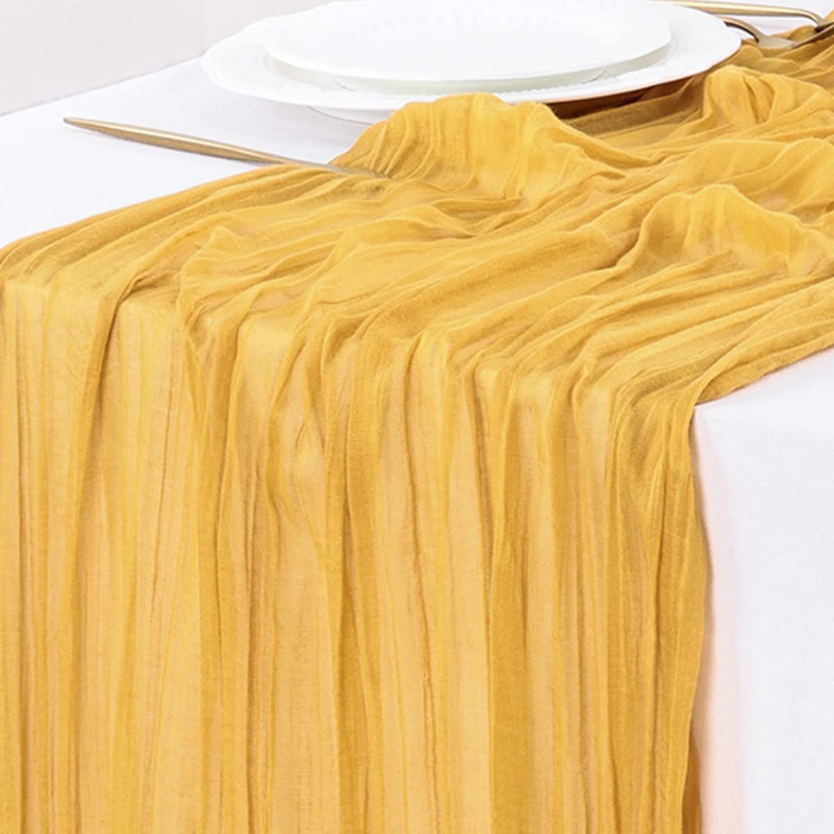 BohemeFold Table Runner – Soft Chambray Voile with Twisted Boho Fringe