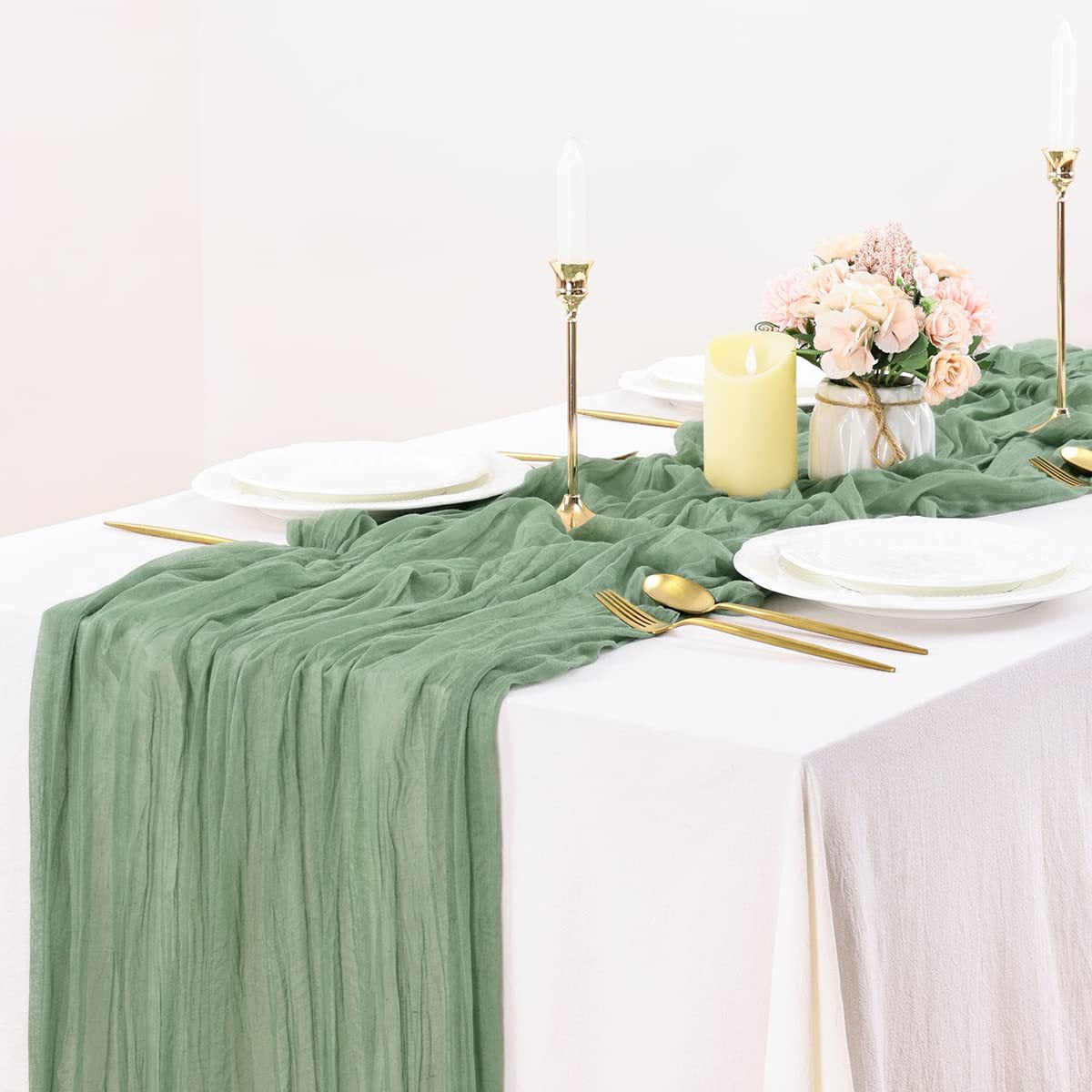 BohemeFold Table Runner – Soft Chambray Voile with Twisted Boho Fringe