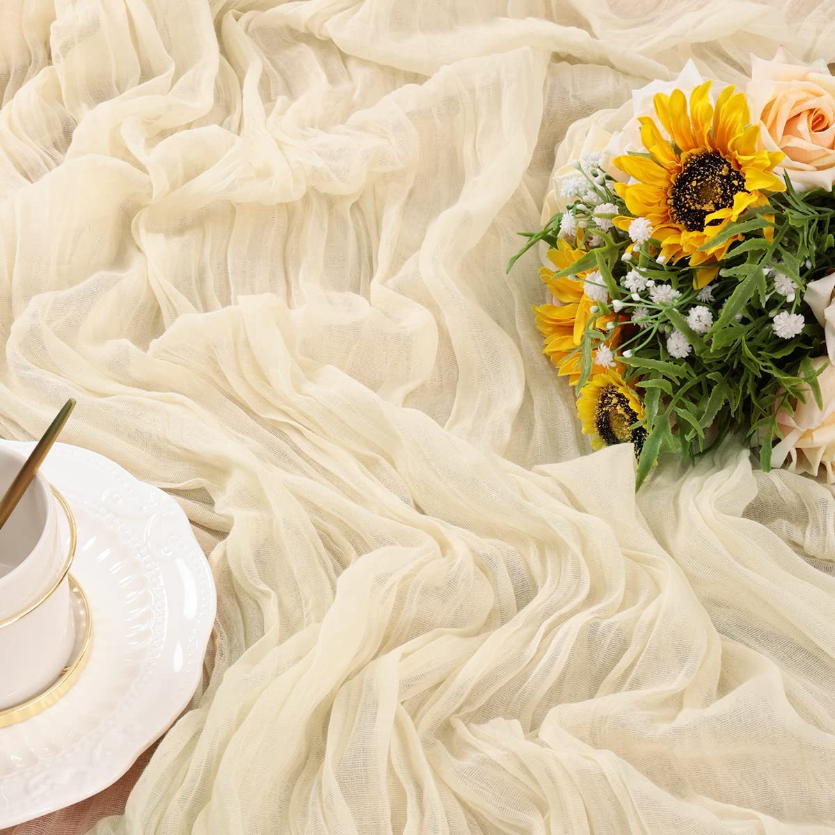 BohemeFold Table Runner – Soft Chambray Voile with Twisted Boho Fringe