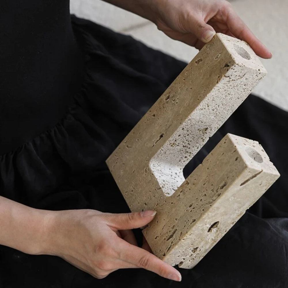 Tōrō Travertine Candle Holder – Dual Sculpted Form