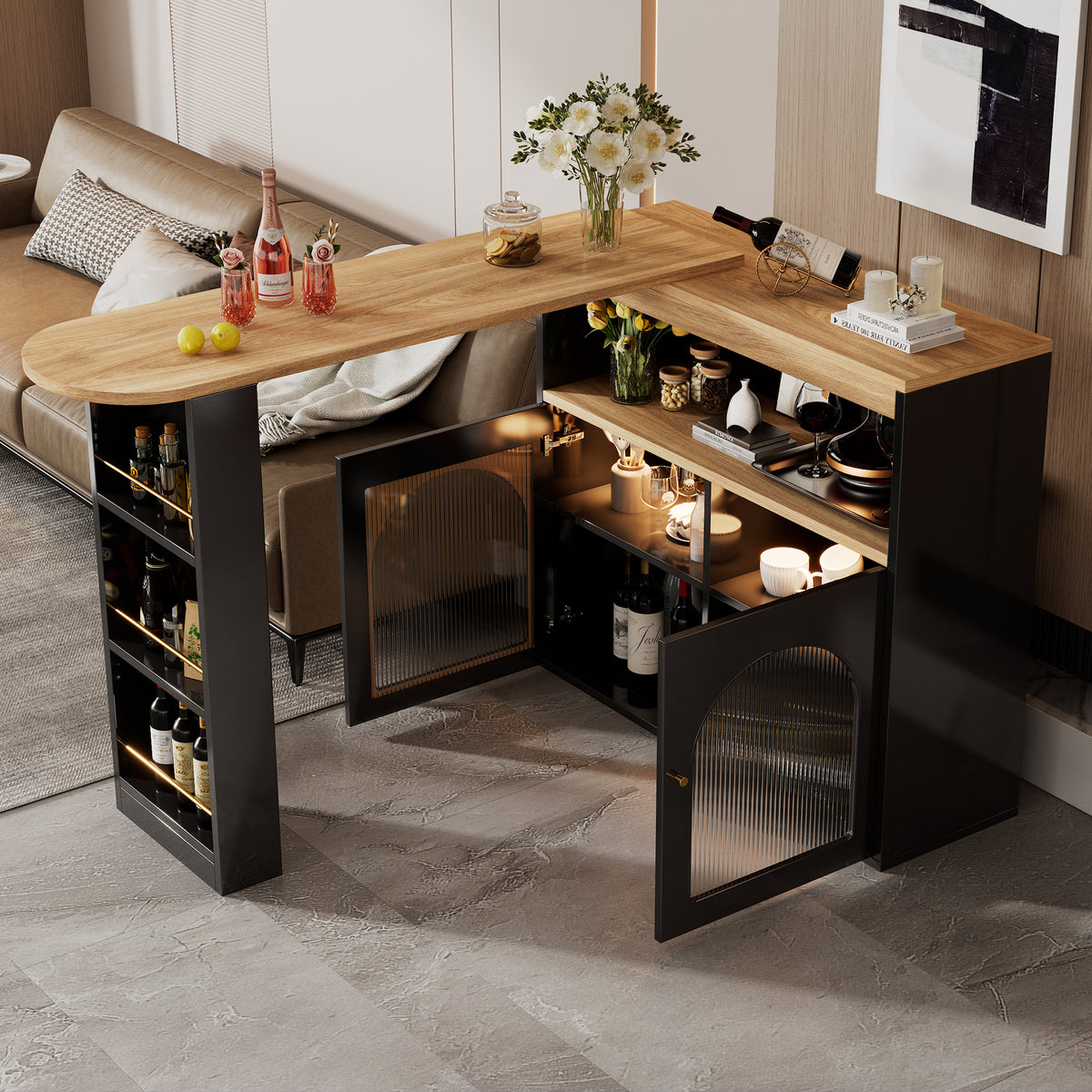 Extendable Kitchen Island Table with Storage and LED Light specification and dimensions reference in kitchen