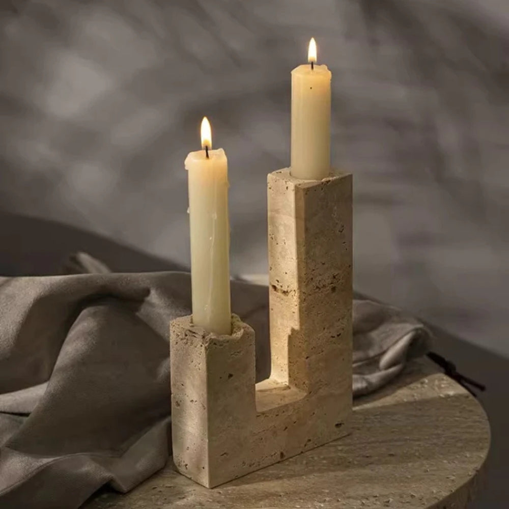 Tōrō Travertine Candle Holder – Dual Sculpted Form