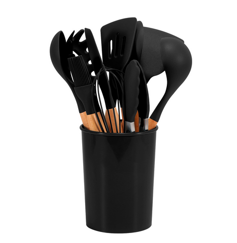 CalmPrep Silicone Utensil Set – 11-Piece Kitchen Tools with Wooden Handles in Soft Neutral Tones