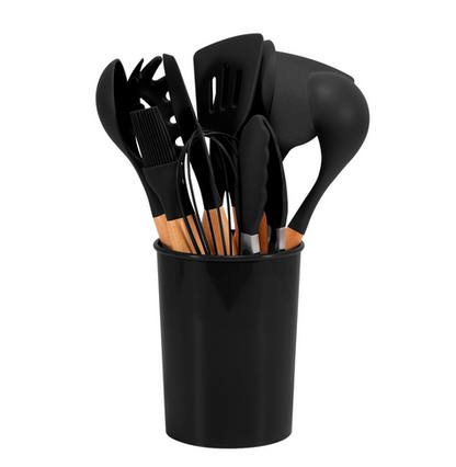 CalmPrep Silicone Utensil Set – 11-Piece Kitchen Tools with Wooden Handles in Soft Neutral Tones