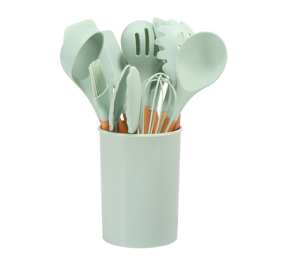 CalmPrep Silicone Utensil Set – 11-Piece Kitchen Tools with Wooden Handles in Soft Neutral Tones