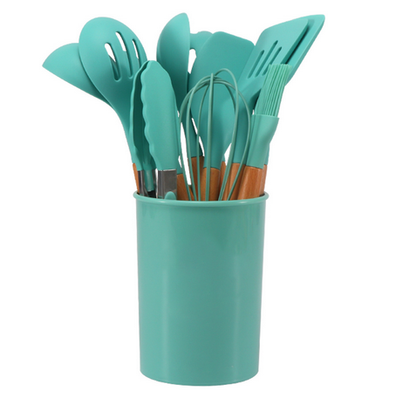 CalmPrep Silicone Utensil Set – 11-Piece Kitchen Tools with Wooden Handles in Soft Neutral Tones
