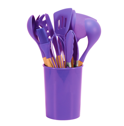 CalmPrep Silicone Utensil Set – 11-Piece Kitchen Tools with Wooden Handles in Soft Neutral Tones