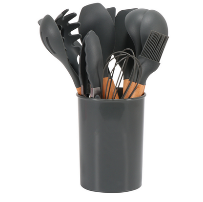 CalmPrep Silicone Utensil Set – 11-Piece Kitchen Tools with Wooden Handles in Soft Neutral Tones