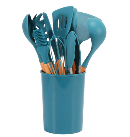 CalmPrep Silicone Utensil Set – 11-Piece Kitchen Tools with Wooden Handles in Soft Neutral Tones