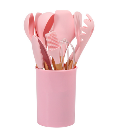 CalmPrep Silicone Utensil Set – 11-Piece Kitchen Tools with Wooden Handles in Soft Neutral Tones