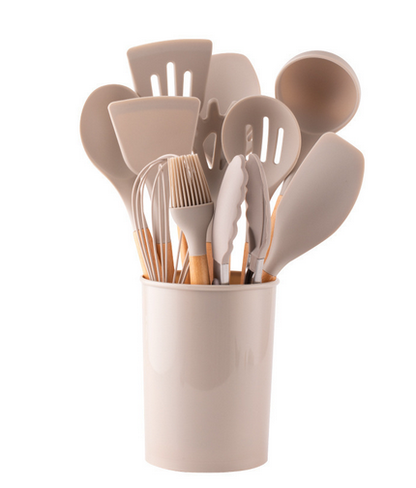CalmPrep Silicone Utensil Set – 11-Piece Kitchen Tools with Wooden Handles in Soft Neutral Tones