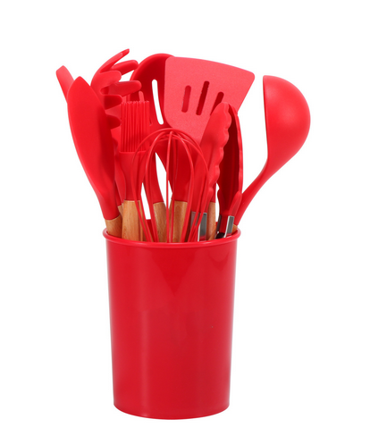 CalmPrep Silicone Utensil Set – 11-Piece Kitchen Tools with Wooden Handles in Soft Neutral Tones