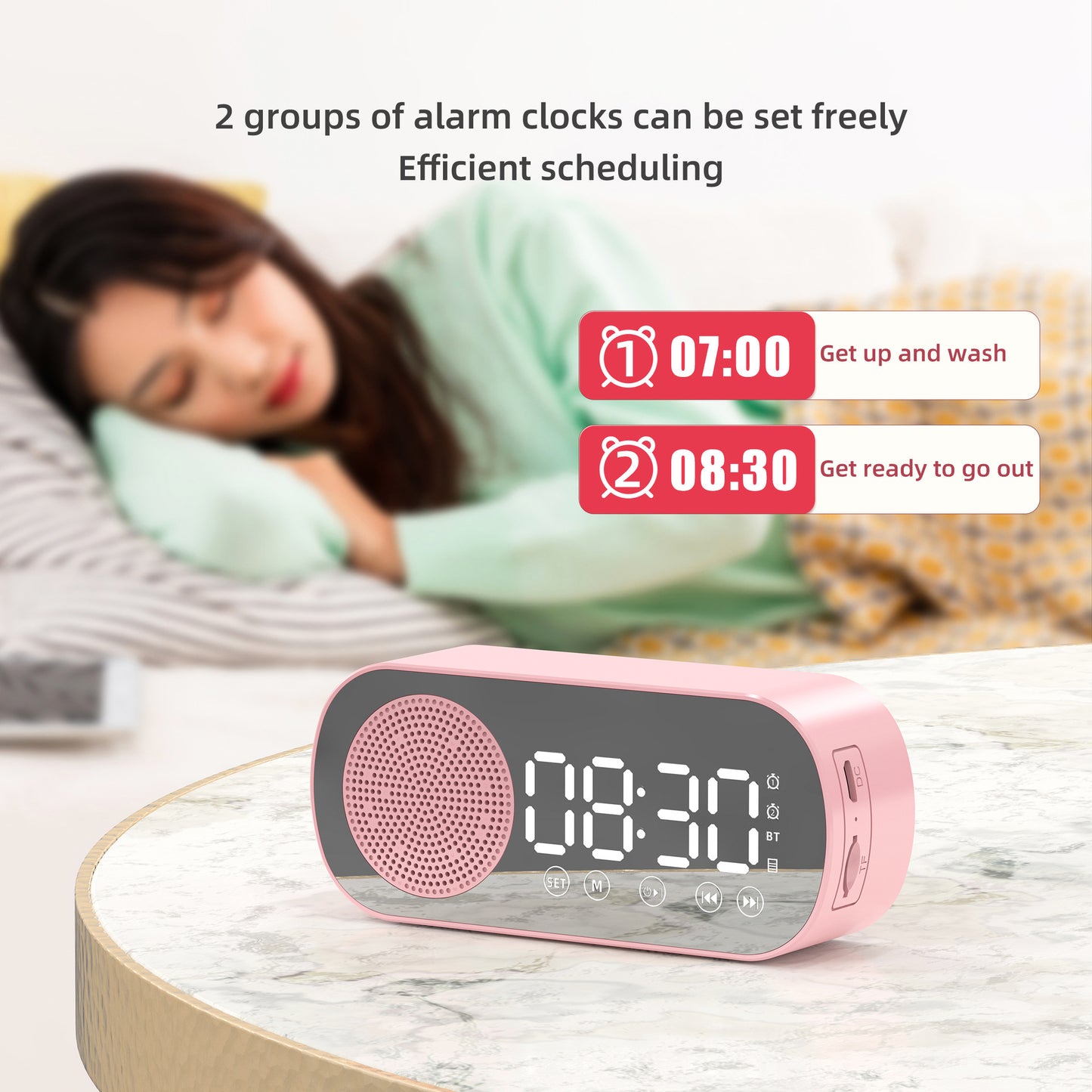LumoTime Mirror Clock – LED Alarm with Bluetooth, FM Radio & USB Charging