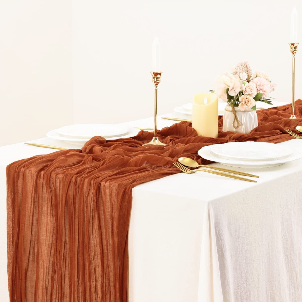 BohemeFold Table Runner – Soft Chambray Voile with Twisted Boho Fringe