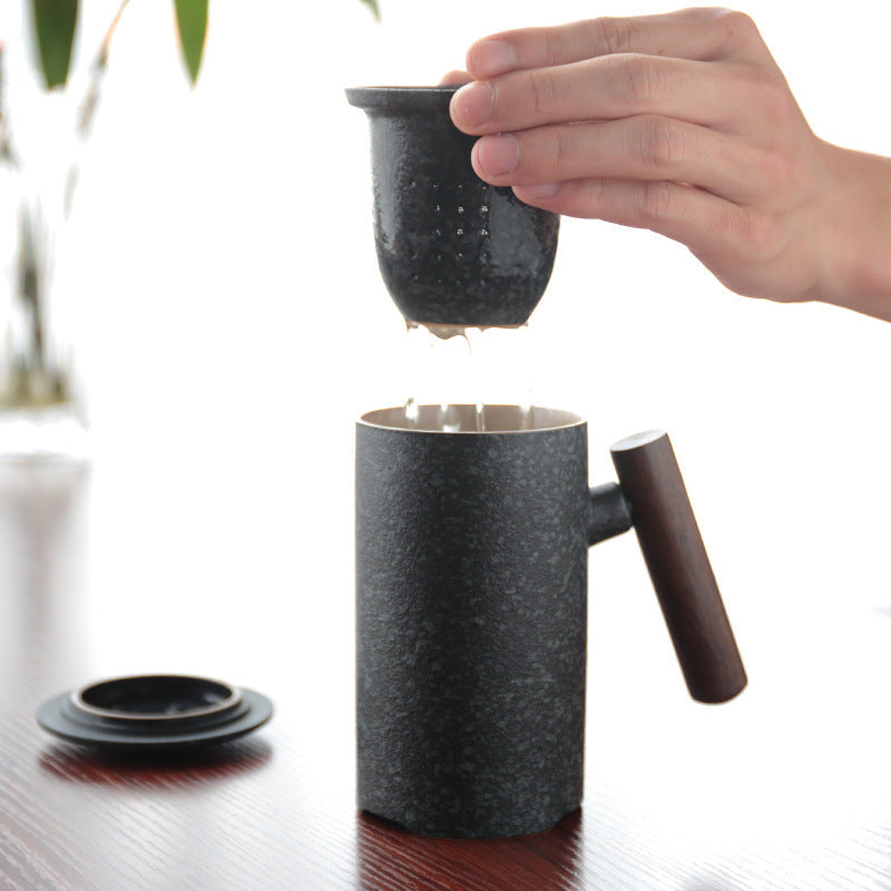 SoraCha Traditional Tea Cup – Japanese Ceramic Cup with Wooden Handle, Lid & Tea Strainer