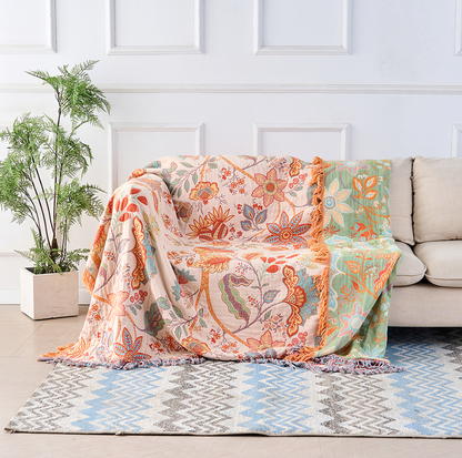 FieldFade Bohemian Tassel Throw – Breathable Woven Blanket with Rustic Floral Pattern