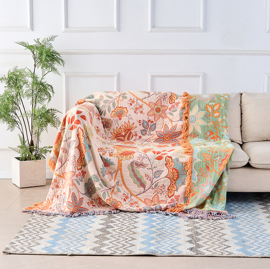 FieldFade Bohemian Tassel Throw – Breathable Woven Blanket with Rustic Floral Pattern