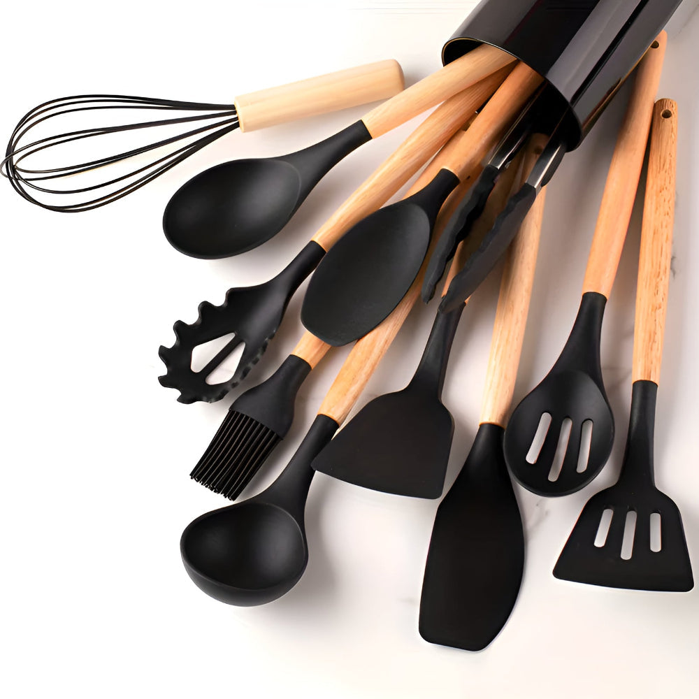 CalmPrep Silicone Utensil Set – 11-Piece Kitchen Tools with Wooden Handles in Soft Neutral Tones
