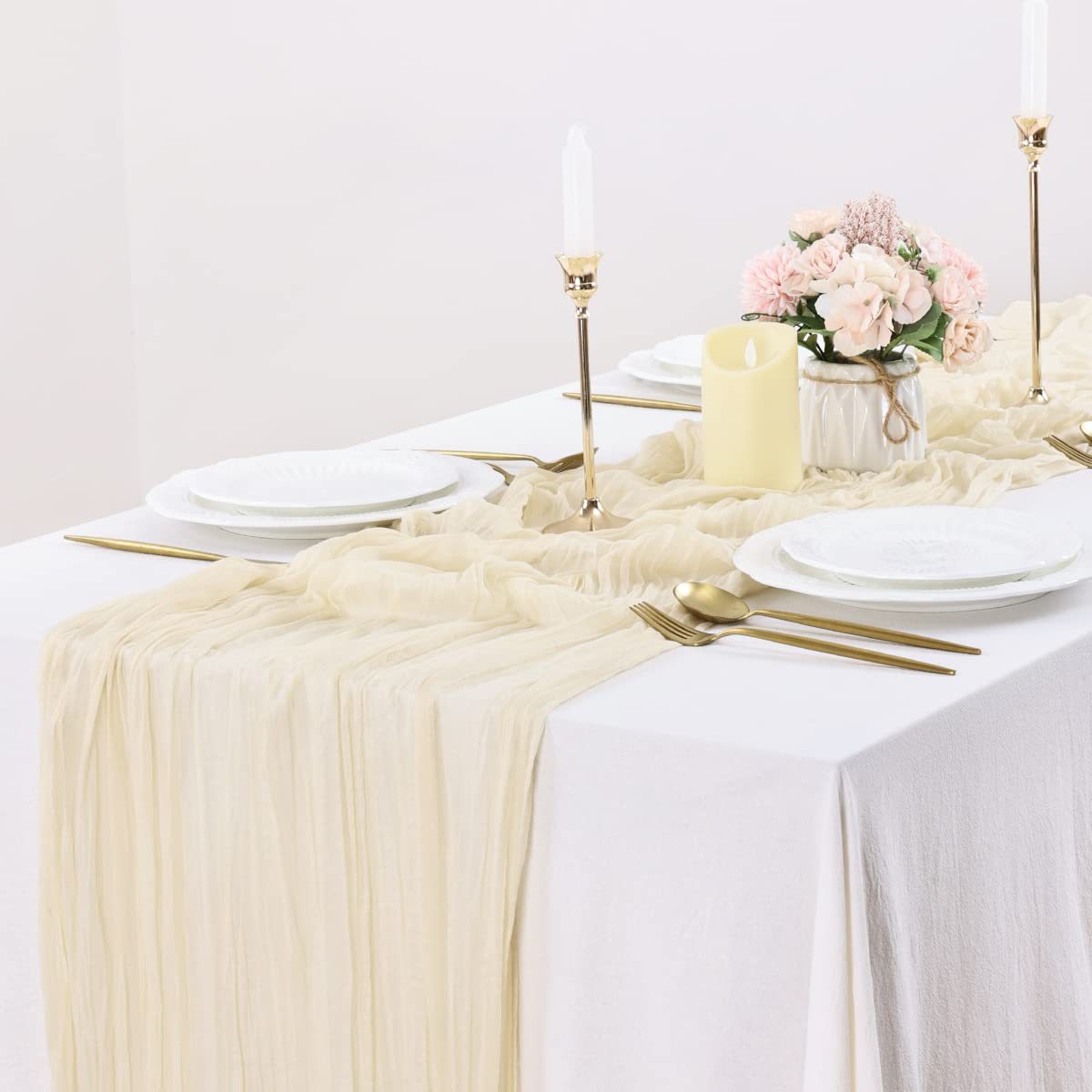BohemeFold Table Runner – Soft Chambray Voile with Twisted Boho Fringe