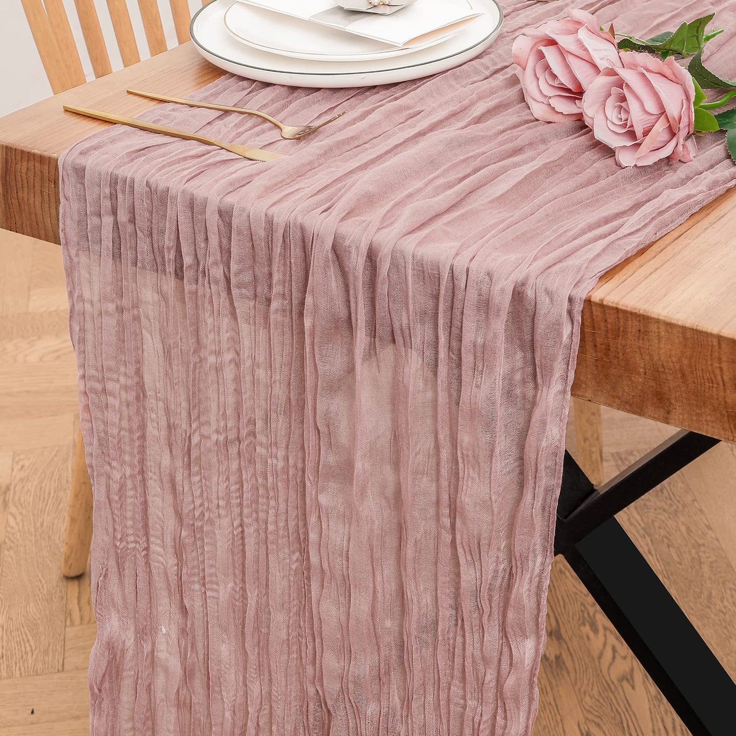 BohemeFold Table Runner – Soft Chambray Voile with Twisted Boho Fringe
