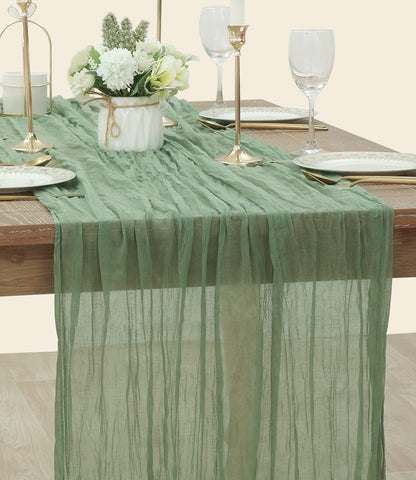 BohemeFold Table Runner – Soft Chambray Voile with Twisted Boho Fringe