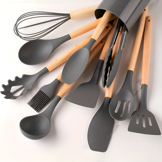 CalmPrep Silicone Utensil Set – 11-Piece Kitchen Tools with Wooden Handles in Soft Neutral Tones