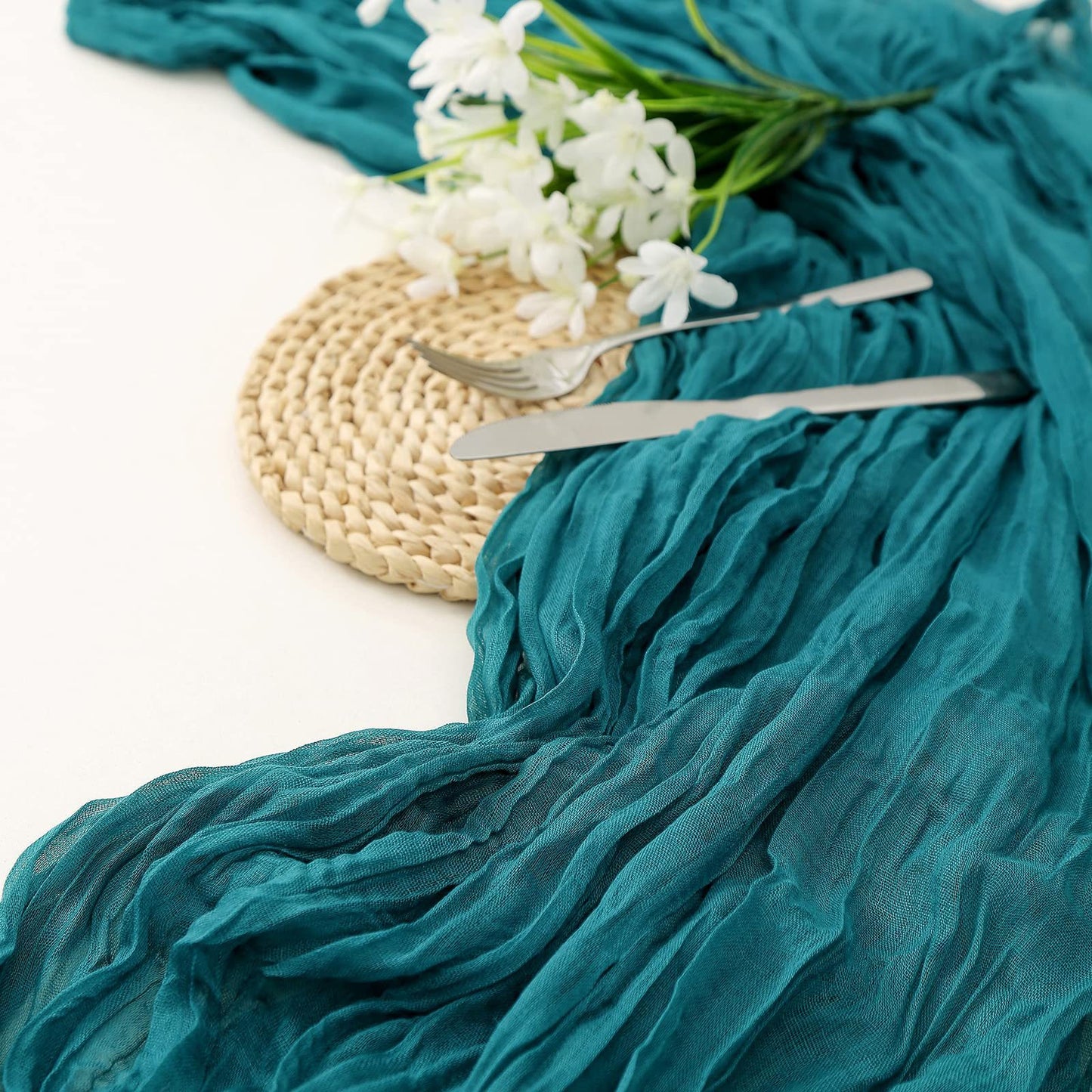BohemeFold Table Runner – Soft Chambray Voile with Twisted Boho Fringe