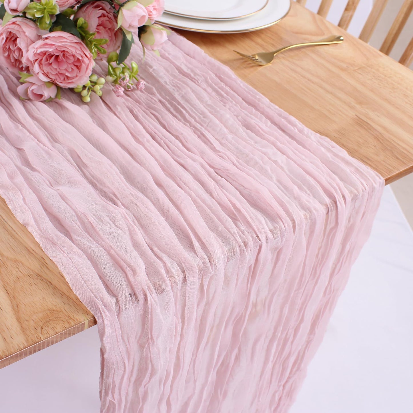 BohemeFold Table Runner – Soft Chambray Voile with Twisted Boho Fringe