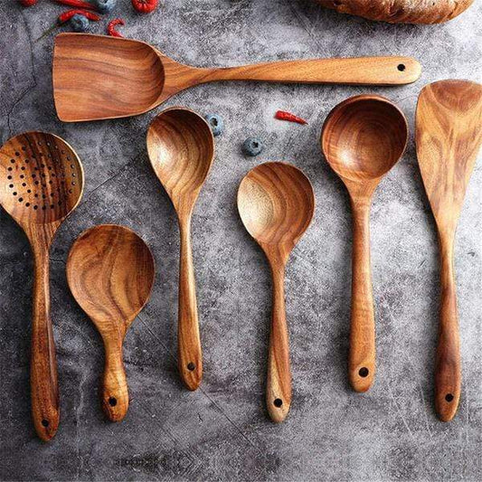 GrainServe Teak Utensil Set – Natural Wooden Cooking Set