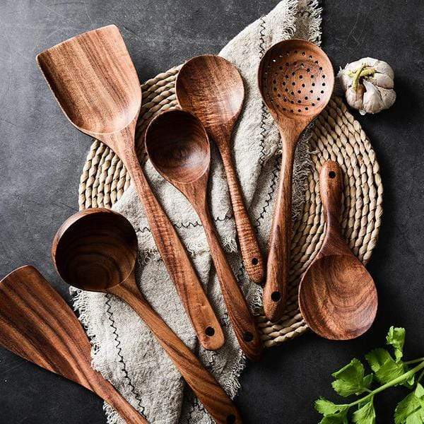 GrainServe Teak Utensil Set – Natural Wooden Cooking Set
