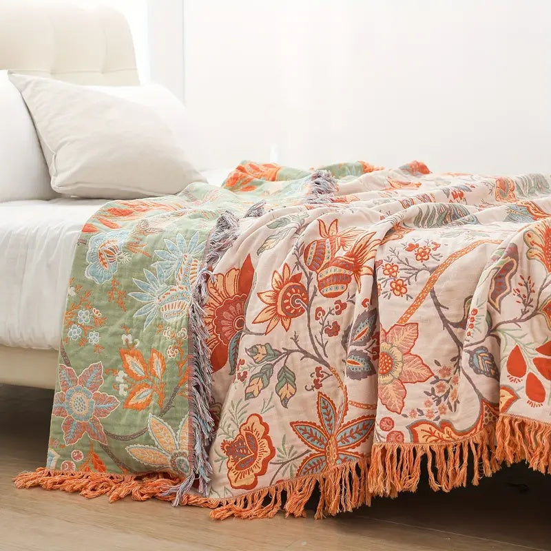 FieldFade Bohemian Tassel Throw – Breathable Woven Blanket with Rustic Floral Pattern