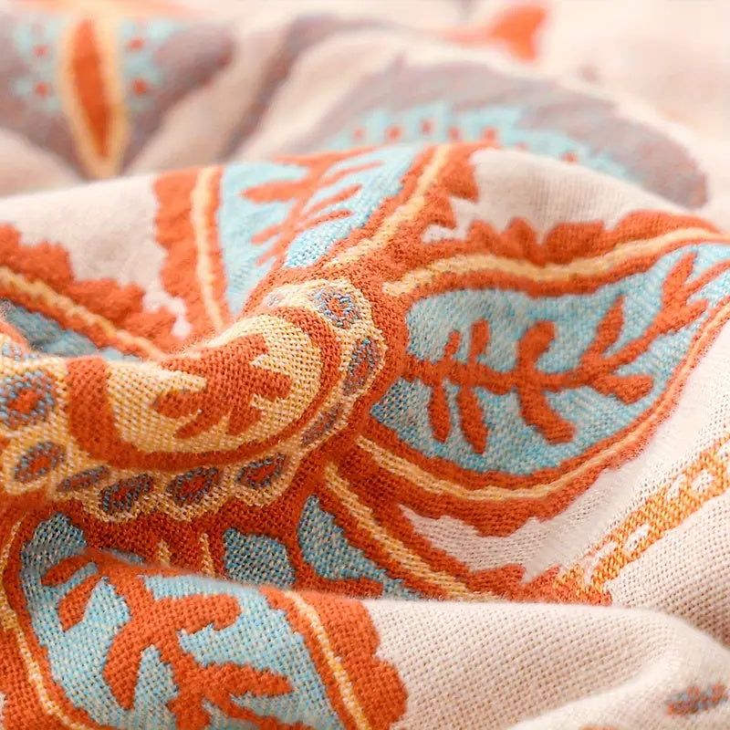 FieldFade Bohemian Tassel Throw – Breathable Woven Blanket with Rustic Floral Pattern