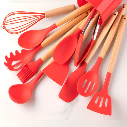CalmPrep Silicone Utensil Set – 11-Piece Kitchen Tools with Wooden Handles in Soft Neutral Tones
